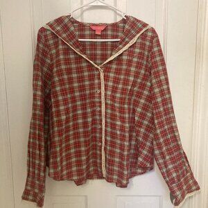 April Cornell Sailor Collar Plaid Lace Trim Blouse